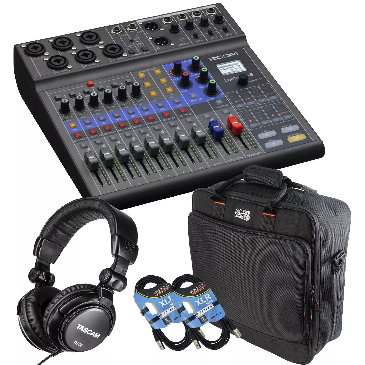 Zoom LiveTrak L-8 Portable Mixer, Gator Mixbag1515, (2) XLR Cables, TH02 Headphone Bundle