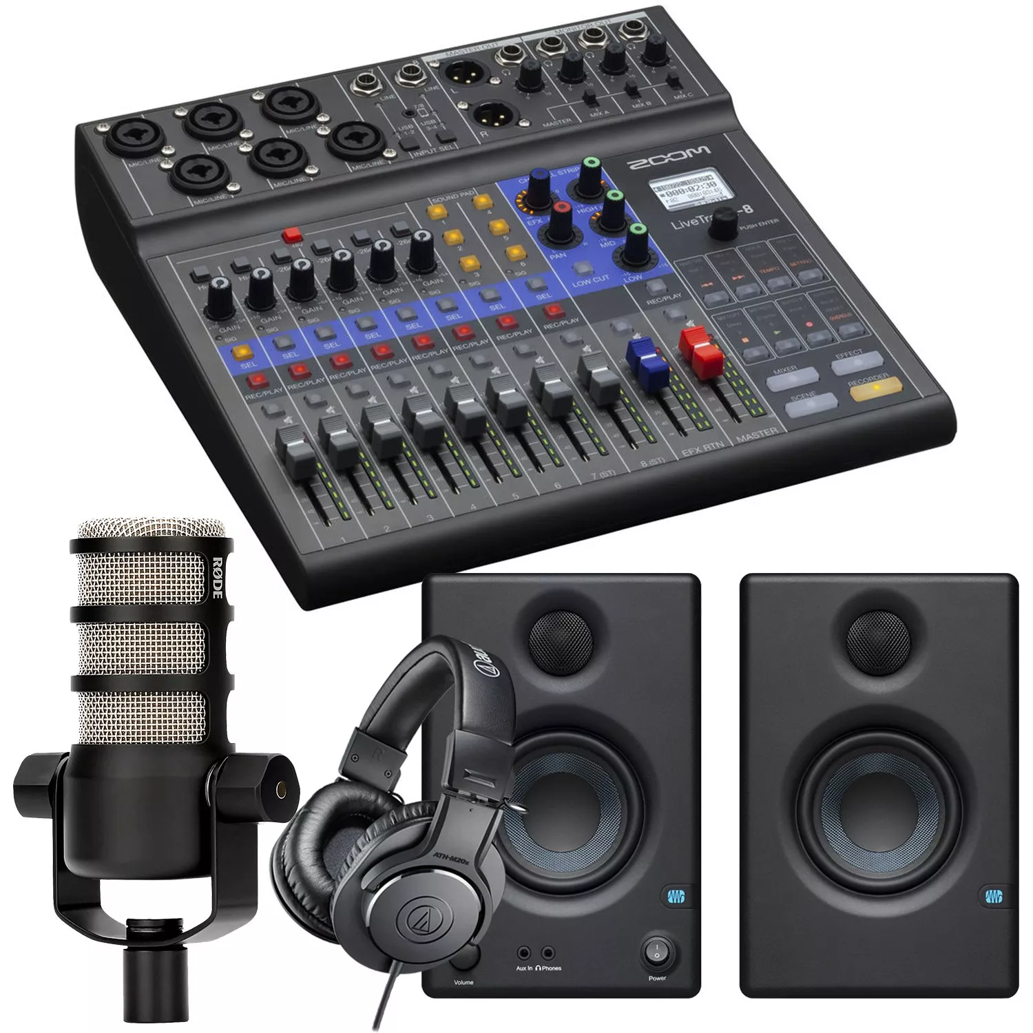 Zoom LiveTrak L-8 Portable Mixer, Rode PodMic, ATH-M20x, XLR Cable, Presonus Eris 3.5 Monitors Bundle