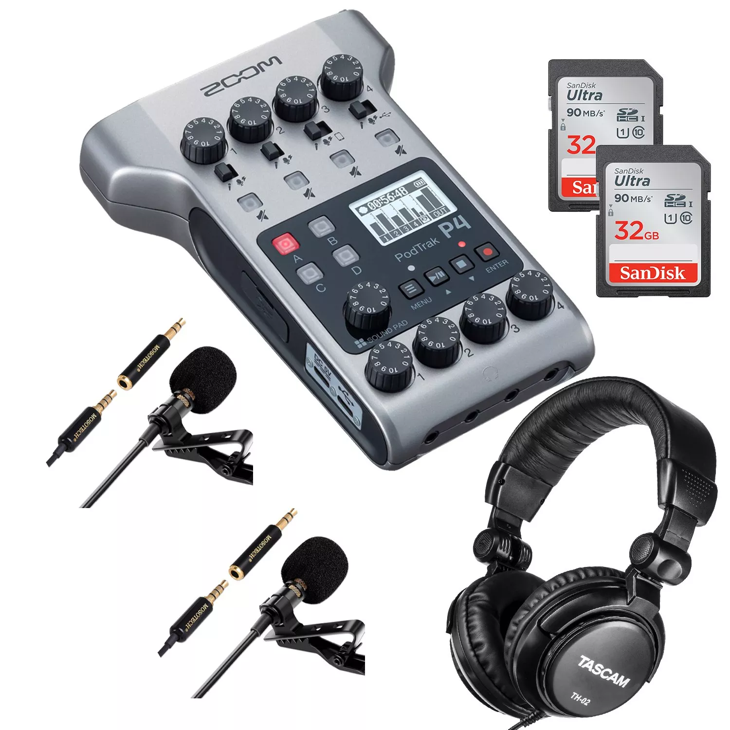 Zoom PodTrak P4 Portable Multitrack, (2) Mosotech Lavalier Microphone, (2) SD Card 32GB, Tascam TH02 Bundle