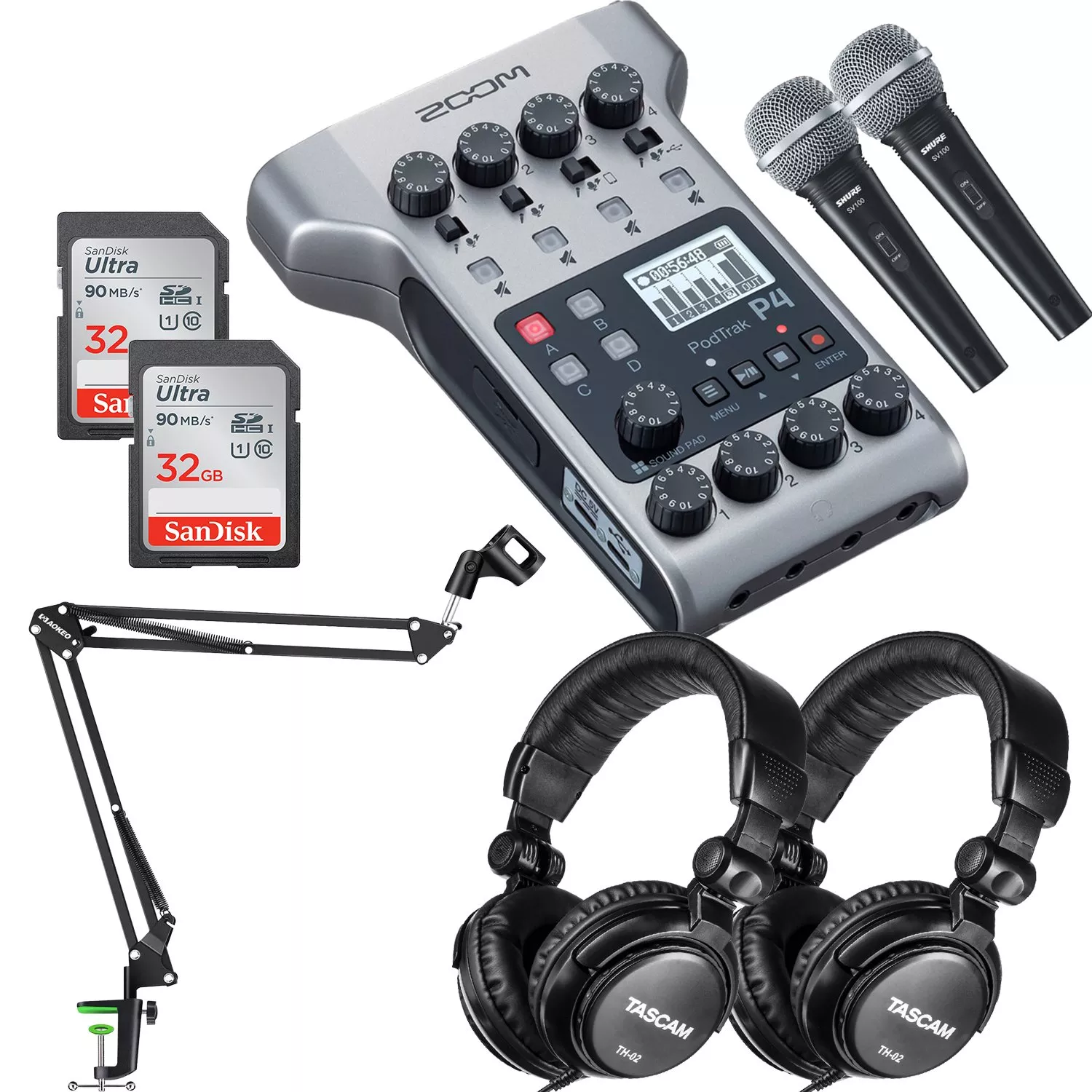 Zoom PodTrak P4 Portable Multitrack, (2) SV100 Mic, Aokeo AK-35 Boom Stand, (2) Tascam TH02, SD Card 32GB Bundle