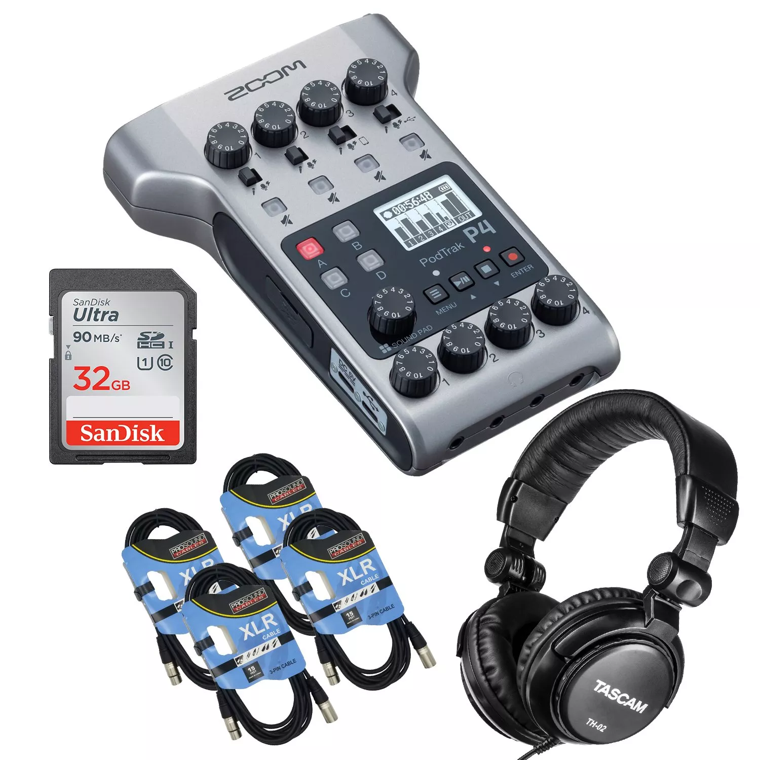 Zoom PodTrak P4 Portable Multitrack, SD Card 32GB, (4) XLR Cables, Tascam TH02 Bundle