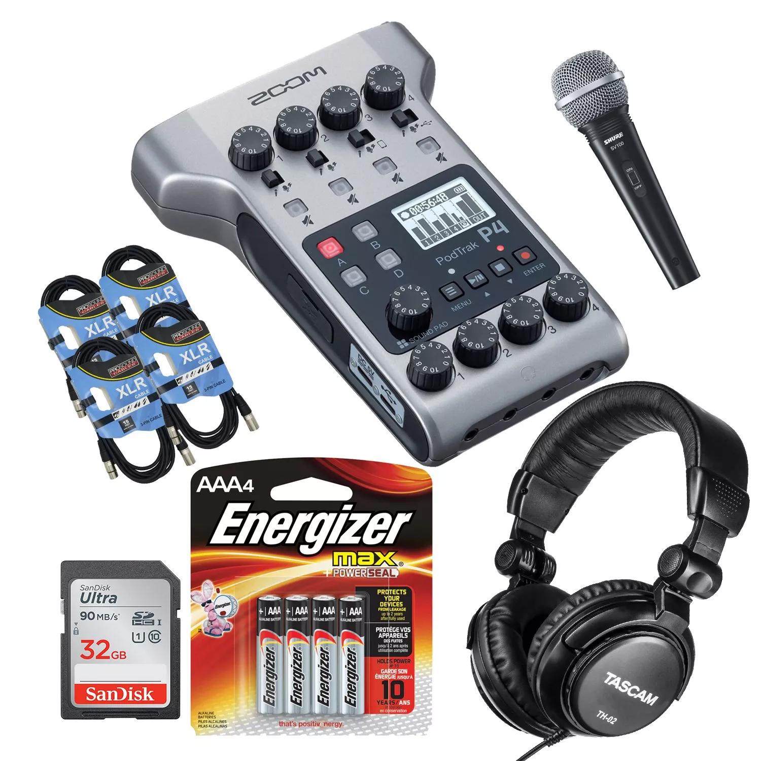 Zoom PodTrak P4 Portable Multitrack, SD Card 32GB, Energizer AA Batteries 4 Pack, SV100 Mic, Tascam TH02, (4) XLR Cables Bundle