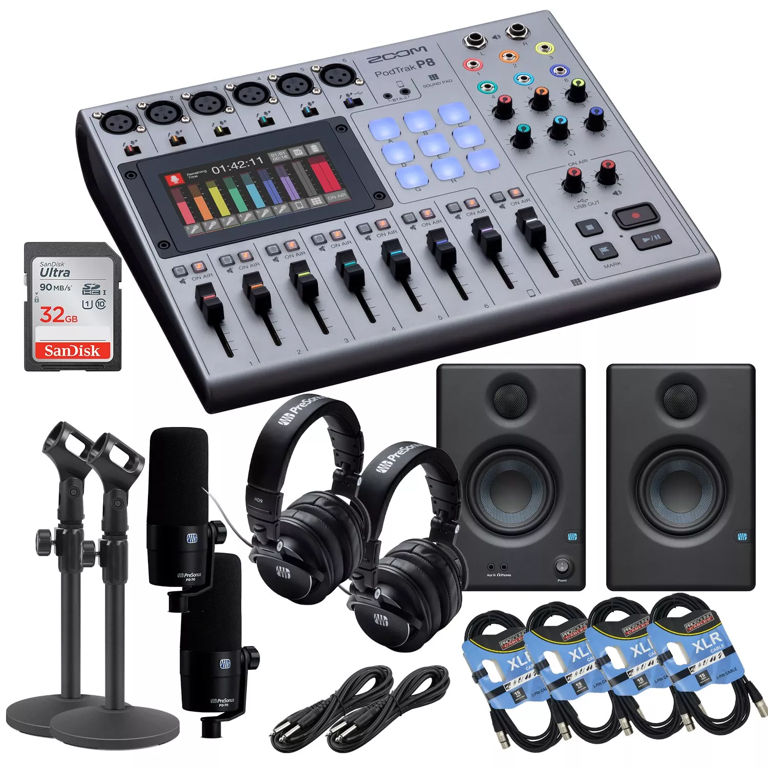 Zoom PodTrak P8 Portable Podcast Recorder, (2) Presonus DP-70 Mic, Presonus Eris3.5 Monitor, (2) Presonus HD9, 32GB SD Card, (4) XLR Cables, (2) Mic Desk Stand, (2) 1/4 Cables Bundle