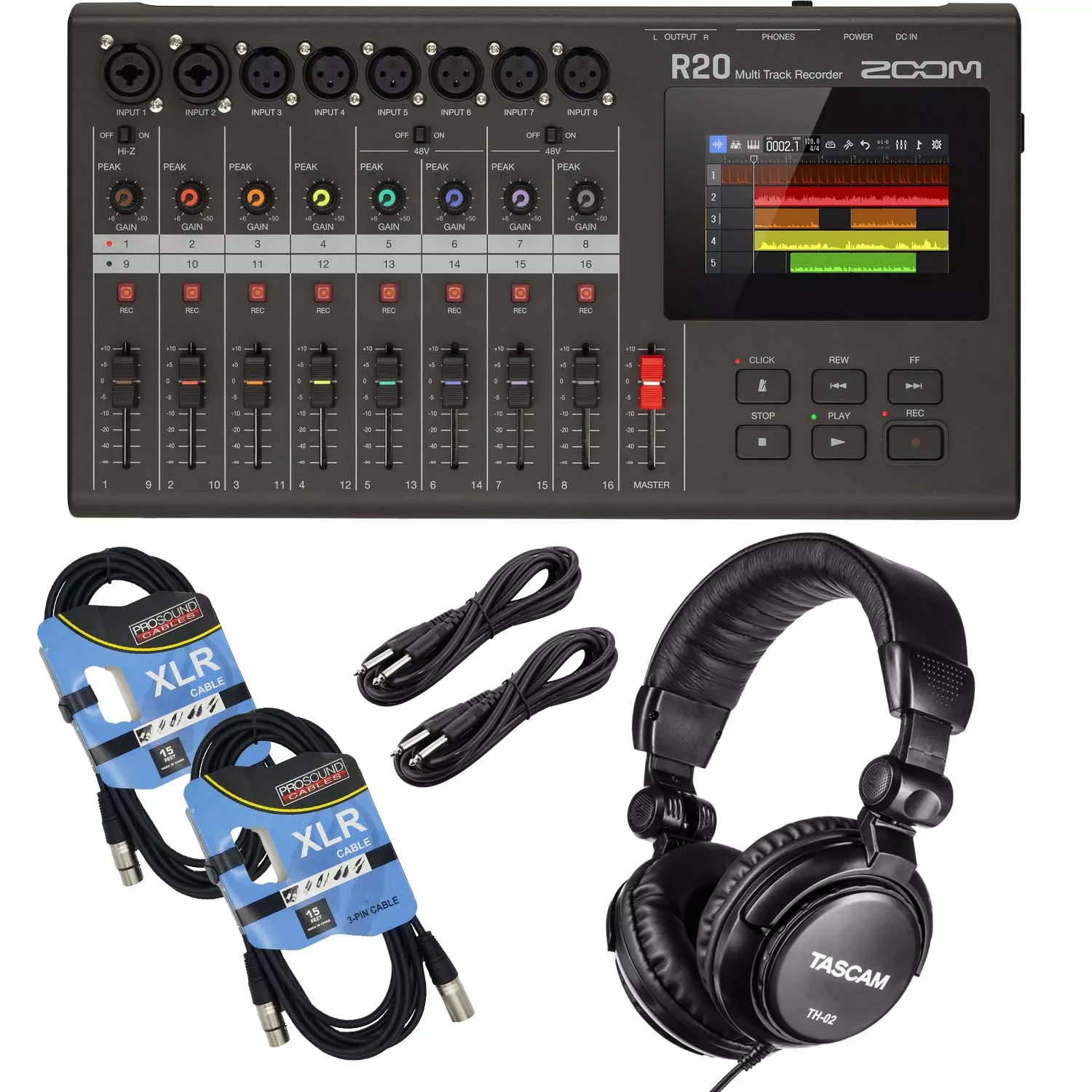 Zoom R20 16-track Recorder/Interface, (2) XLR Cables, (2) 1/4 Cables, Tascam TH02 Bundle