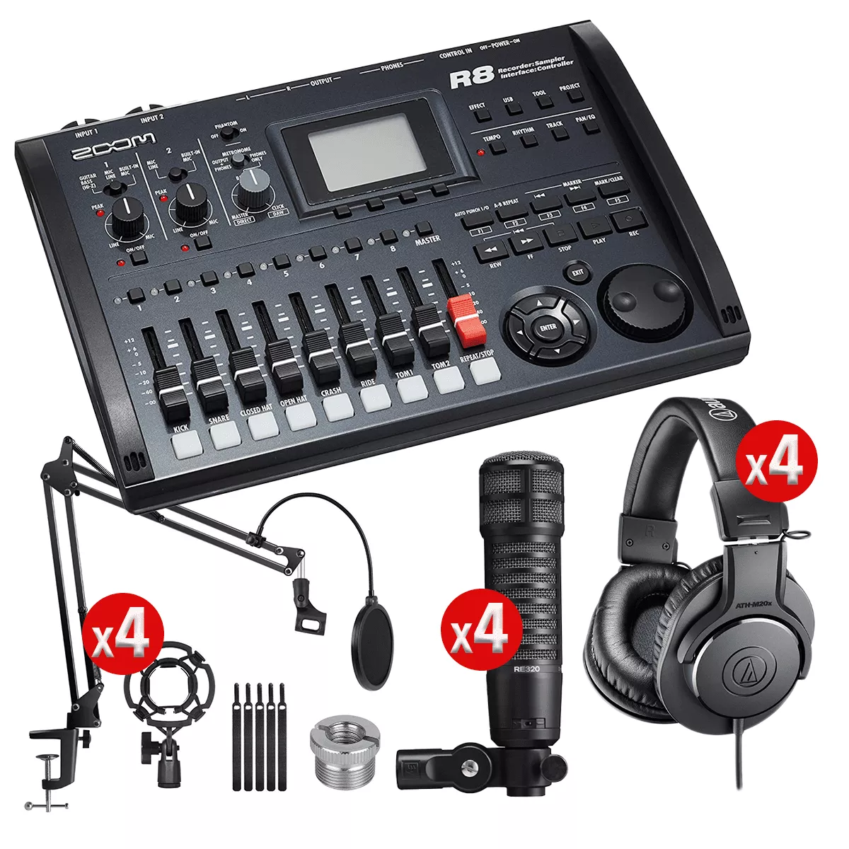 Zoom R8 8-Track Digital – (4) EV RE320 Mic – (4) AT ATH-M20X – (4) InnoGear Microphone Stand