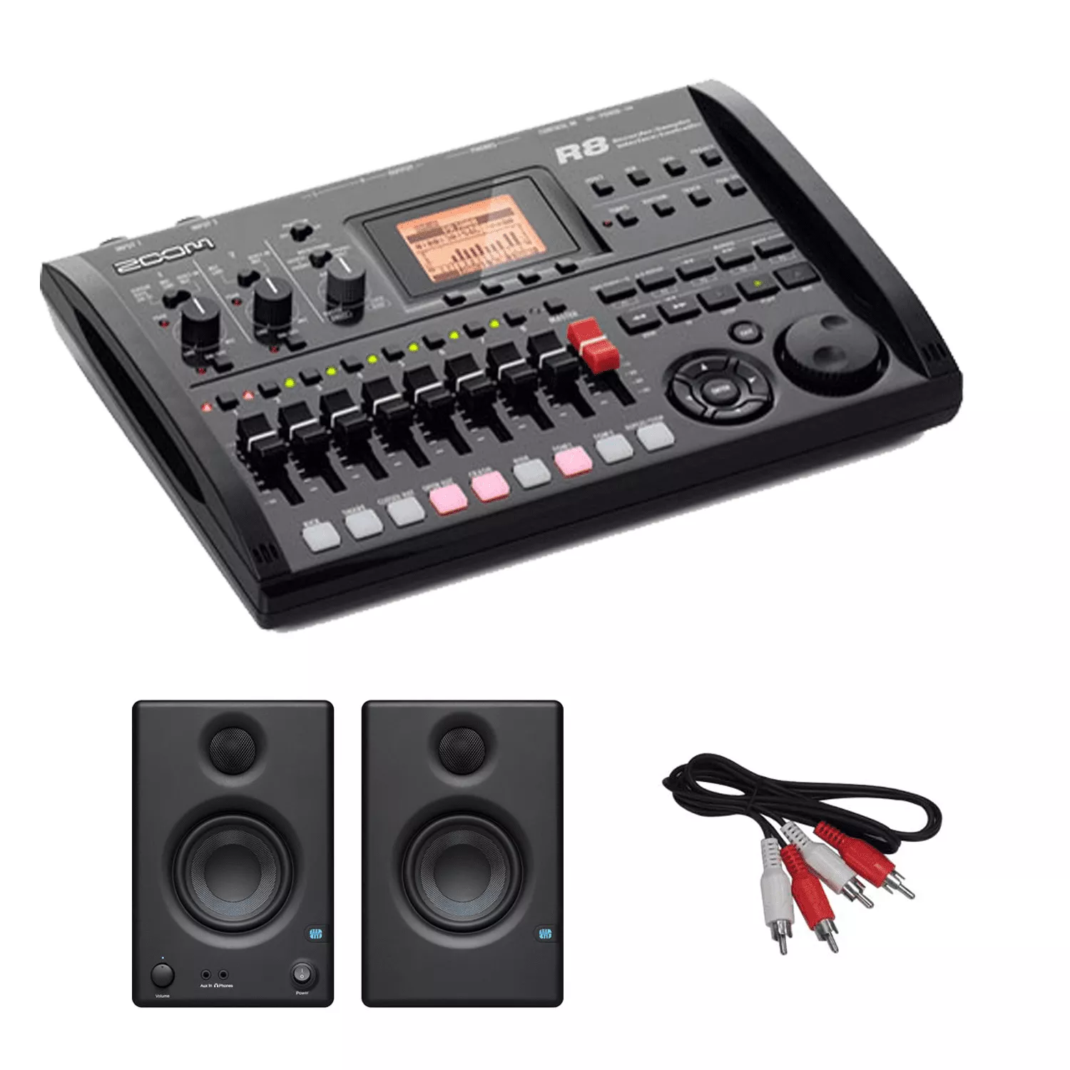 Zoom R8 8-Track Digital Recorder/Interface/Controller/Sampler + PreSonus Eris E3.5 3.5″ 2-Way 25W Nearfield Monitors (Pair) and Cables