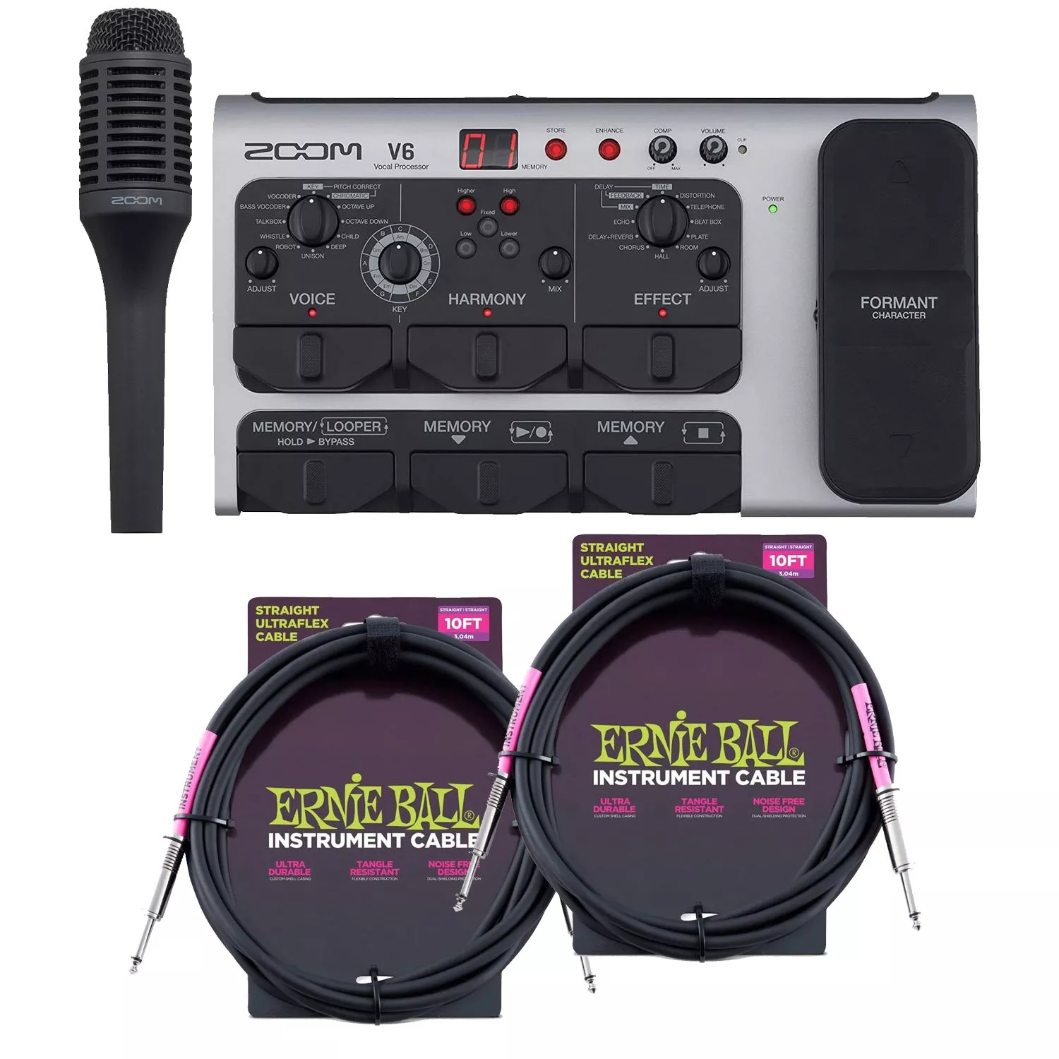 Zoom V6 Vocal Effects Processor with Shotgun Microphone, (2) ErnieBall Cables Bundle